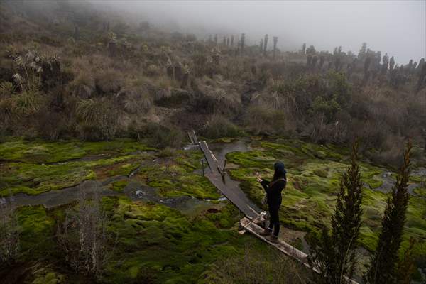 Tourists ascend to the hot springs lagoons of the Nevado del Rui