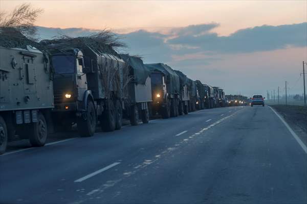 A convoy of Russian military vehicles moving towards border in Donbas region