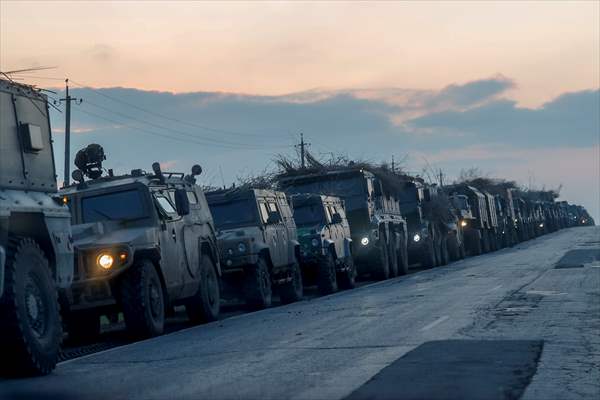 A convoy of Russian military vehicles moving towards border in Donbas region