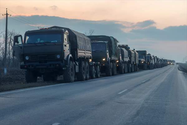 A convoy of Russian military vehicles moving towards border in Donbas region