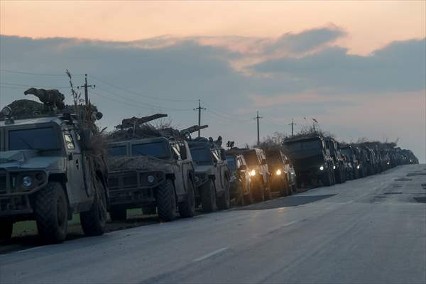 A convoy of Russian military vehicles moving towards border in Donbas region