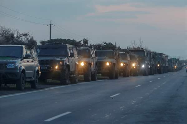 A convoy of Russian military vehicles moving towards border in Donbas region