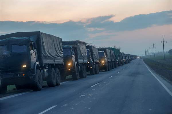 A convoy of Russian military vehicles moving towards border in Donbas region
