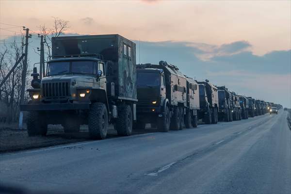 A convoy of Russian military vehicles moving towards border in Donbas region