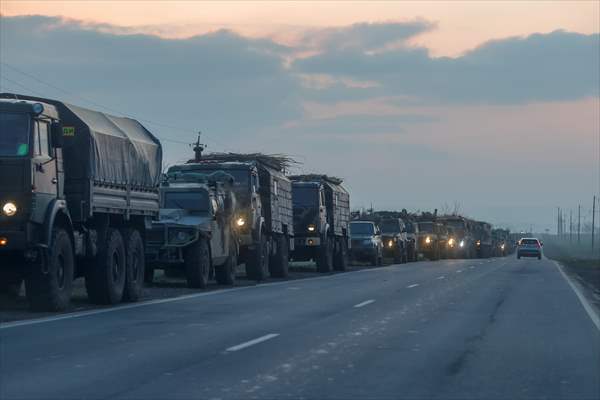 A convoy of Russian military vehicles moving towards border in Donbas region