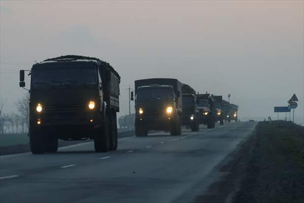 A convoy of Russian military vehicles moving towards border in Donbas region