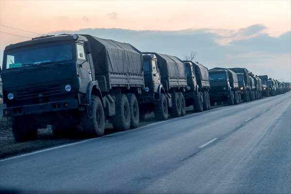 A convoy of Russian military vehicles moving towards border in Donbas region