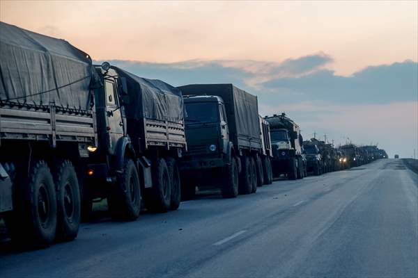 A convoy of Russian military vehicles moving towards border in Donbas region