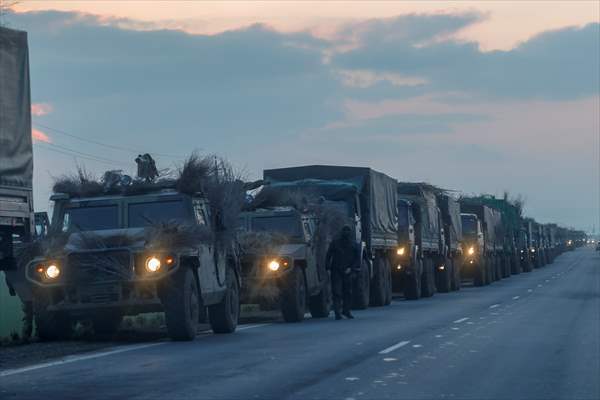 A convoy of Russian military vehicles moving towards border in Donbas region