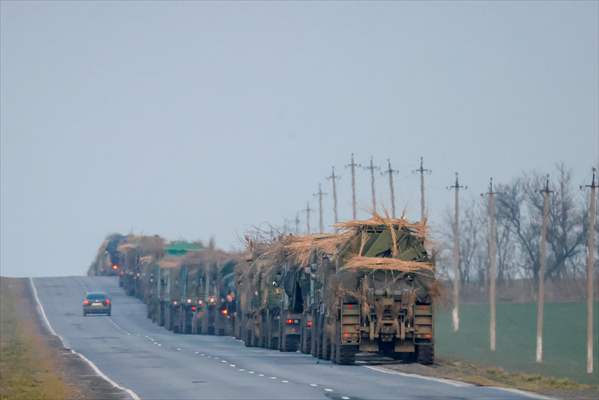 A convoy of Russian military vehicles moving towards border in Donbas region