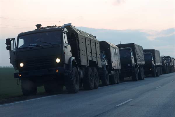 A convoy of Russian military vehicles moving towards border in Donbas region