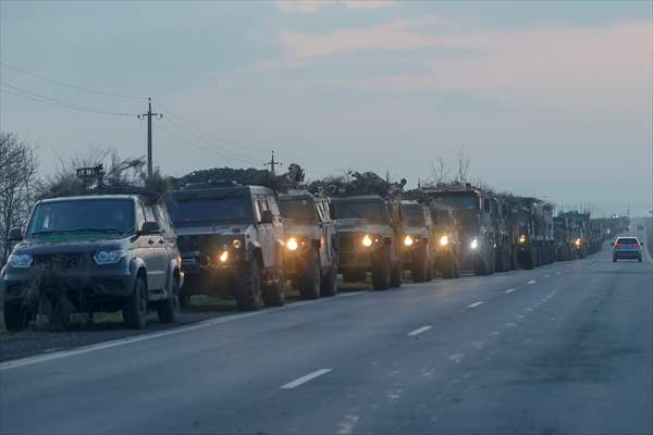 A convoy of Russian military vehicles moving towards border in Donbas region