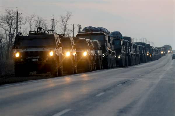 A convoy of Russian military vehicles moving towards border in Donbas region