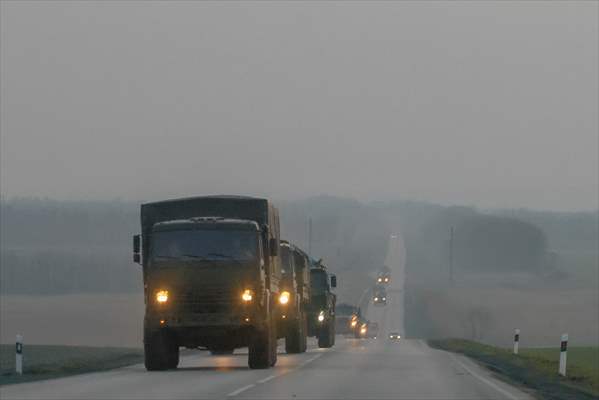 A convoy of Russian military vehicles moving towards border in Donbas region