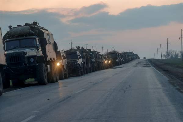 A convoy of Russian military vehicles moving towards border in Donbas region