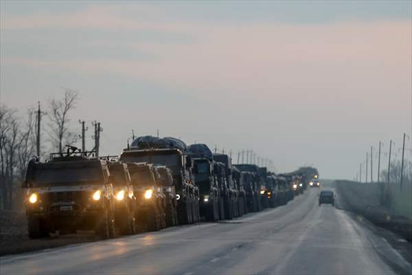 A convoy of Russian military vehicles moving towards border in Donbas region
