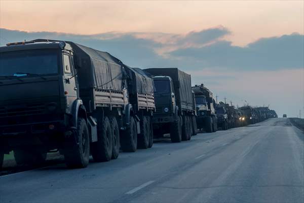 A convoy of Russian military vehicles moving towards border in Donbas region