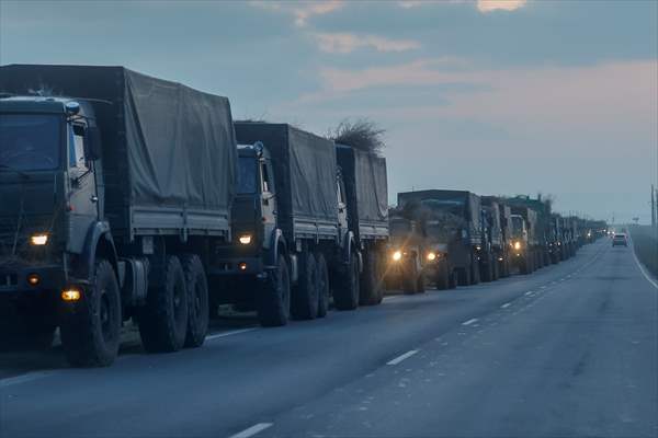 A convoy of Russian military vehicles moving towards border in Donbas region