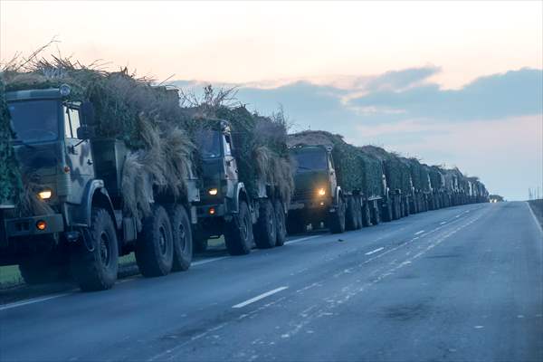 A convoy of Russian military vehicles moving towards border in Donbas region