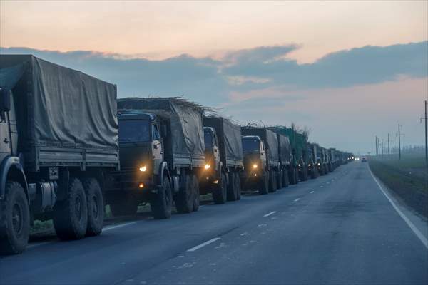 A convoy of Russian military vehicles moving towards border in Donbas region