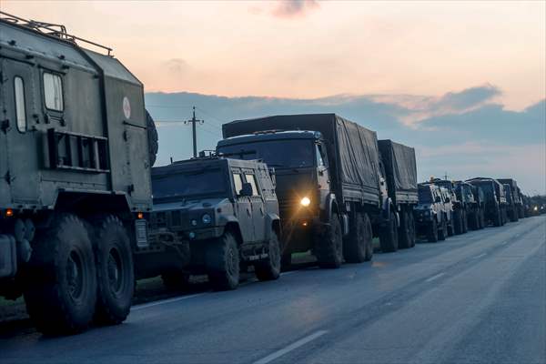 A convoy of Russian military vehicles moving towards border in Donbas region