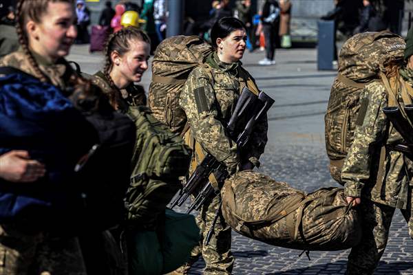 Ukrainian female soldiers heading to the frontline from Lviv