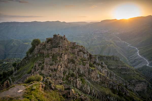 The village of Gamsutl, an abandoned town in Russia's Dagestan