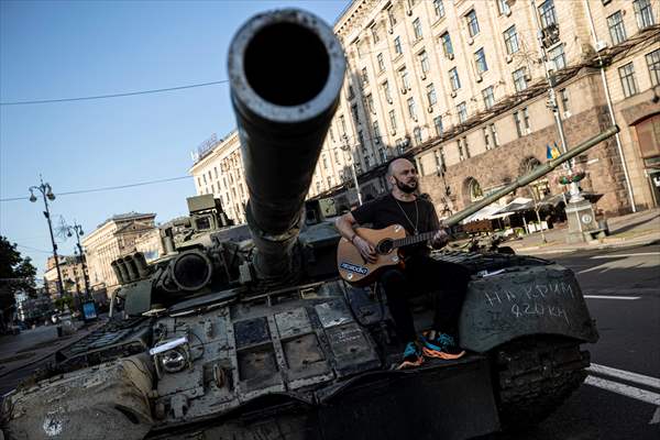 Captured Russian military vehicles displayed in Ukrainian capital