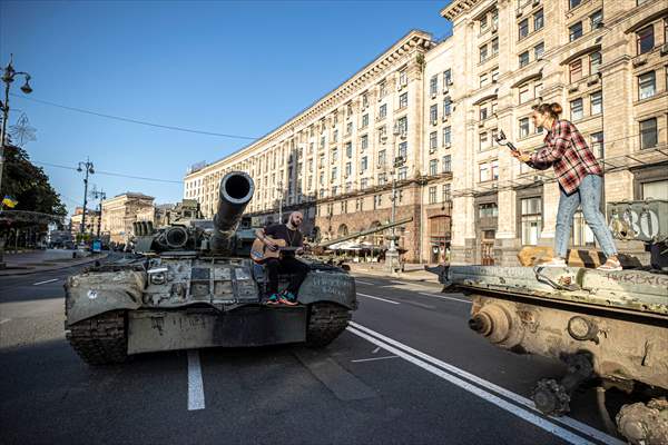 Captured Russian military vehicles displayed in Ukrainian capital