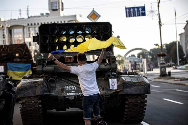 Captured Russian military vehicles displayed in Ukrainian capital