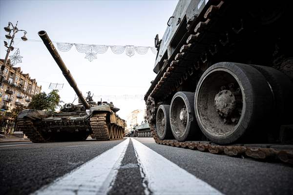 Captured Russian military vehicles displayed in Ukrainian capital