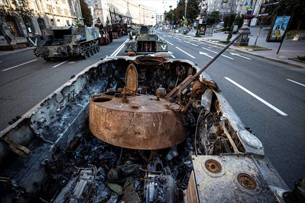 Captured Russian military vehicles displayed in Ukrainian capital