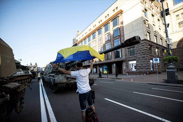 Captured Russian military vehicles displayed in Ukrainian capital
