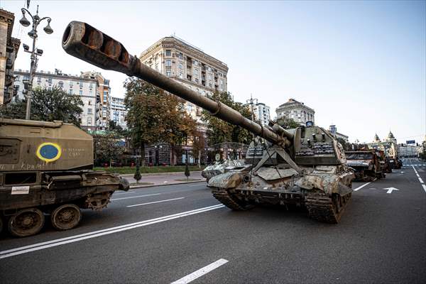 Captured Russian military vehicles displayed in Ukrainian capital