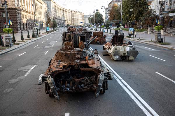 Captured Russian military vehicles displayed in Ukrainian capital