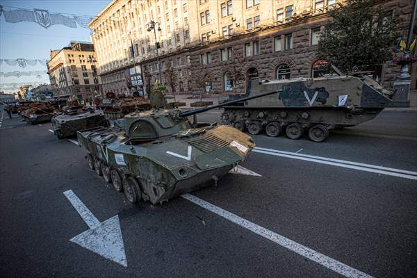 Captured Russian military vehicles displayed in Ukrainian capital