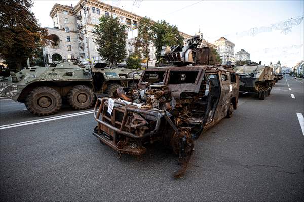Captured Russian military vehicles displayed in Ukrainian capital