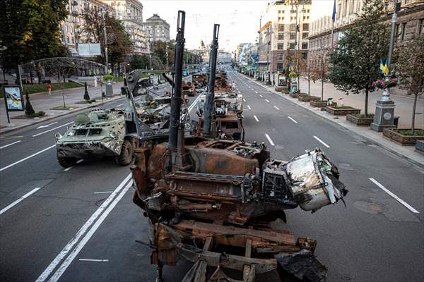 Captured Russian military vehicles displayed in Ukrainian capital
