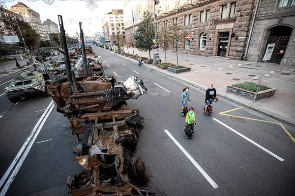 Captured Russian military vehicles displayed in Ukrainian capital