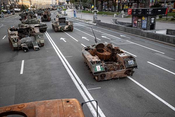 Captured Russian military vehicles displayed in Ukrainian capital