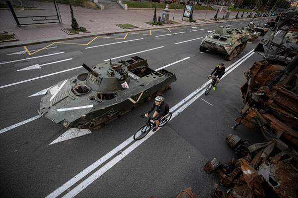 Captured Russian military vehicles displayed in Ukrainian capital