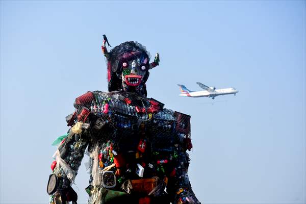 42 feet monster made of plastic waste on Cox's Bazar beach in Bangladesh