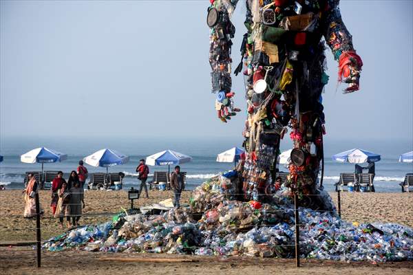 42 feet monster made of plastic waste on Cox's Bazar beach in Bangladesh