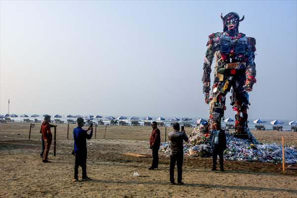 42 feet monster made of plastic waste on Cox's Bazar beach in Bangladesh