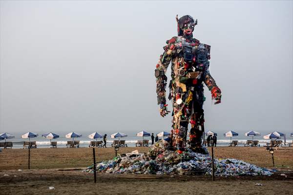 42 feet monster made of plastic waste on Cox's Bazar beach in Bangladesh