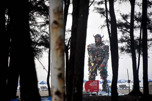 42 feet monster made of plastic waste on Cox's Bazar beach in Bangladesh