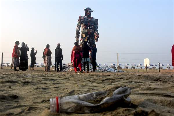 42 feet monster made of plastic waste on Cox's Bazar beach in Bangladesh