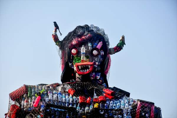 42 feet monster made of plastic waste on Cox's Bazar beach in Bangladesh