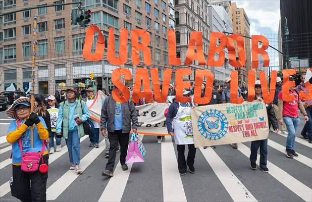 Workers march on May Day in New York City