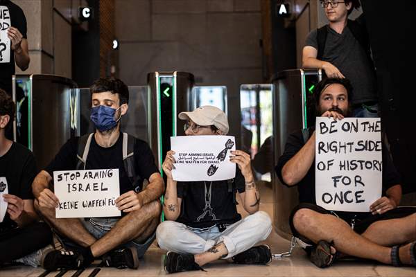 Israeli demonstrators demand Berlin administration cut arms exports to Israel in Tel Aviv